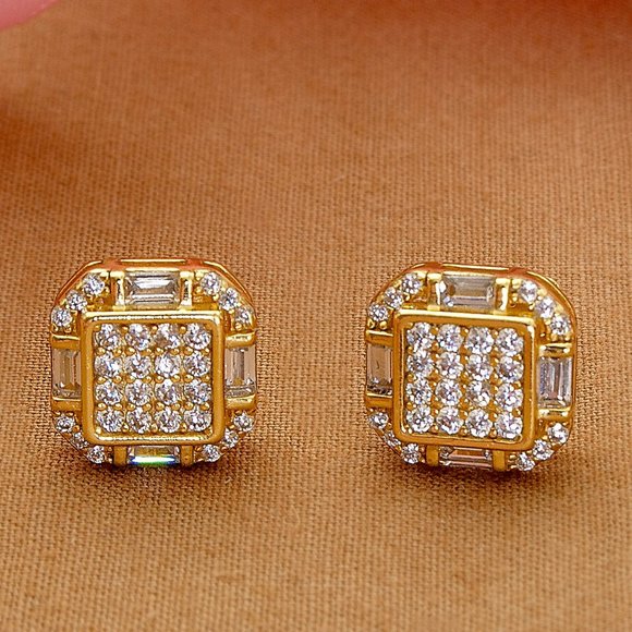 Gold CZ Stud Earrings, 14k Gold Plated 10mm Icy Bling Square CZ Studs - Picture 3 of 9